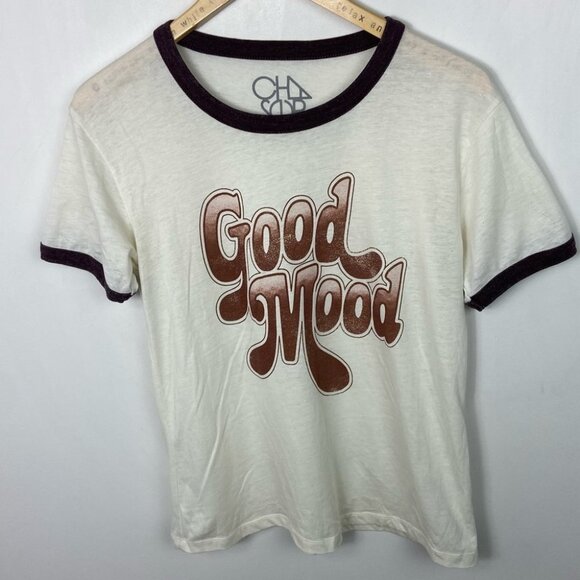 Chaser Retro Good Mood‎ Ringer Tee Size Medium White Brown T-Shirt Bohemian Top - Picture 9 of 10